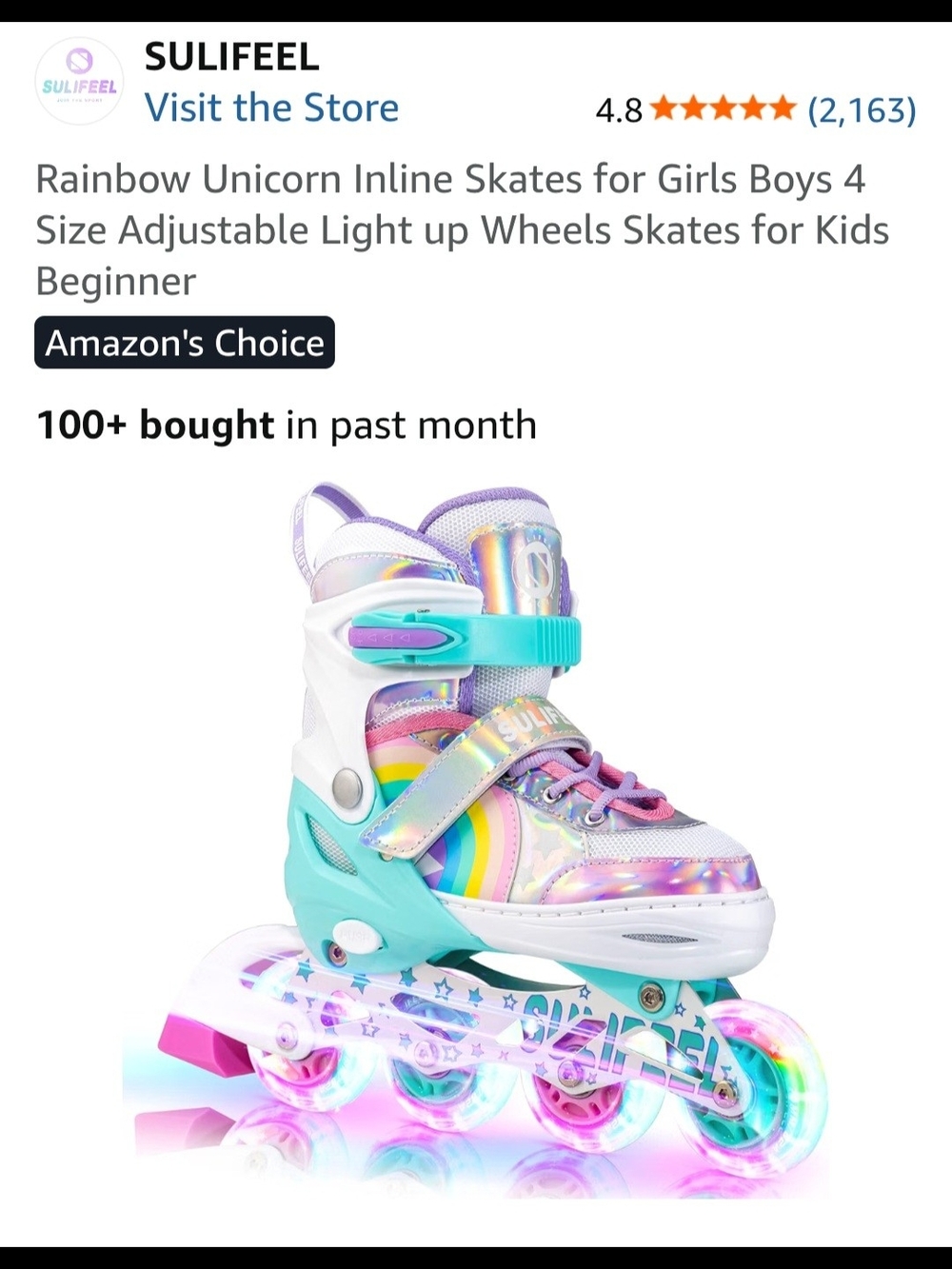 Kids Rainbow Unicorn Adjustable Inline Skates - Purple & Teal
